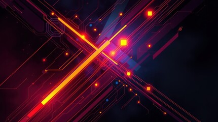Aufkleber - Abstract digital art featuring vibrant red and orange lines intersecting on a dark background, with glowing nodes and circuit-like patterns