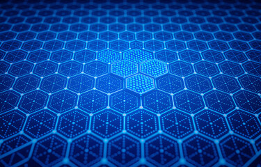 Poster - abstract digital background featuring a hexagonal grid pattern in shades of blue. the central hexago