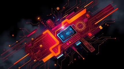 Aufkleber - Abstract digital artwork featuring vibrant red and orange circuitry, glowing elements, and a central screen