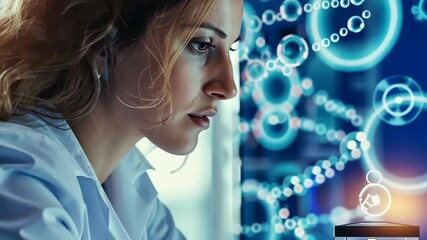 Aufkleber - A woman with wavy brown hair wearing a white lab coat is focused on the science in front of her with a blurred DNA-like molecule structure in the background, creating a focused and scientific