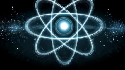 Poster - Glowing atom illustration with orbits in a dark space environment with blue light effects and particle bursts for scientific or technical use