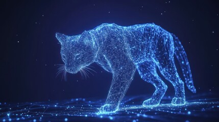 Poster - Abstract digital cat, glowing lines, dark blue background.
