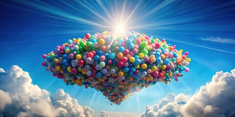 Poster - A massive cluster of colorful balloons soars through the sky,  a vibrant cluster against the bright blue canvas, creating a breathtaking spectacle of hope and joy.