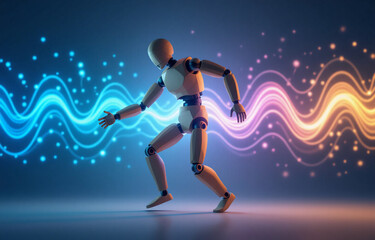 Wall Mural - wooden mannequin seemingly interacts with vibrant, flowing energy waves of blue and orange hues, set