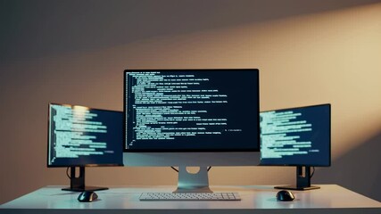 Aufkleber - Lines of computer code scroll down multiple monitors on a desk, creating a dynamic visual representation of software development and programming