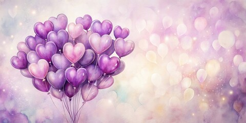 Fototapete - Watercolor illustration of a cluster of purple and pink heart-shaped balloons on a soft purple and pink background with light bokeh effects