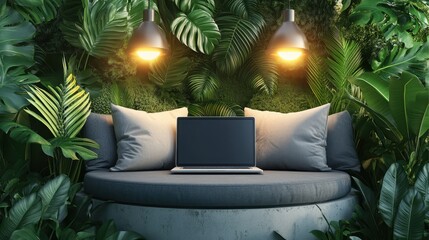 Leinwandbilder - Tropical indoor seating area with laptop computer.