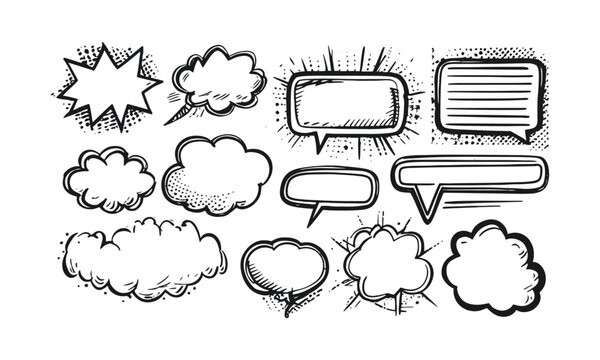 Vector illustration hand-drawn comic-style speech thought bubbles, easily scalable and editable.