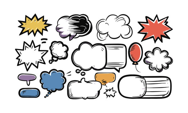 Vector illustration hand-drawn comic-style speech thought bubbles, easily scalable and editable.
