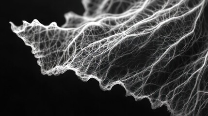 Poster - Close-up monochrome image of leaf veins, intricate network, delicate structure, black background.