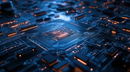 Fototapete - Close-up of illuminated circuit board with central processor. (1)