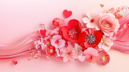 Poster - Charming arrangement of layered red paper-cut hearts and flowers set against a flowing pink gradient, creating a joyful Valentine's aesthetic
