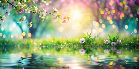 Aufkleber - A serene spring landscape featuring blooming flowers and a sparkling river reflected in the water