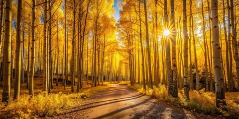 Poster - A sunlit path meanders through a golden forest, the sun's rays piercing through the dense canopy of vibrant yellow leaves, casting long shadows on the earth below.