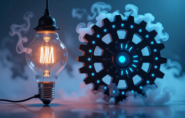 Poster - Glowing lightbulb and a large metallic gear surrounded by vaporous smoke, symbolizing innovation and progress in technology.