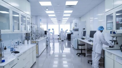 Fototapete - A group of scientists in white lab coats and head coverings working in a bright, clean laboratory with white equipment. Scientists are working on research in this spacious laboratory setting.