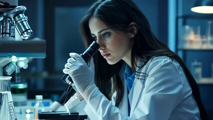 Aufkleber - A scientist in a laboratory setting is analyzing samples using a microscope. She is wearing protective gloves and a lab coat, focused on her research and development work, exploring potential