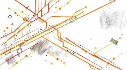 Aufkleber - Abstract network lines, nodes, and brushstrokes in orange and grey on white