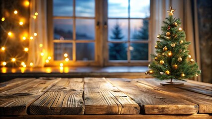 Poster - A rustic wooden table with a Christmas tree and blurred twinkling lights in the background, perfect for holiday product placement