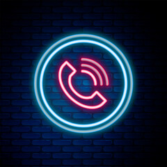 Fototapete - Glowing neon line Phone call icon isolated on brick wall background. Colorful outline concept. Vector