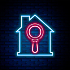 Fototapete - Glowing neon line Search house icon isolated on brick wall background. Real estate symbol of a house under magnifying glass. Colorful outline concept. Vector