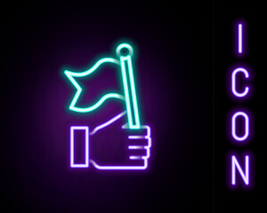 Fototapete - Glowing neon line Hand holding flag icon isolated on black background. Victory, winning and conquer adversity concept. Colorful outline concept. Vector