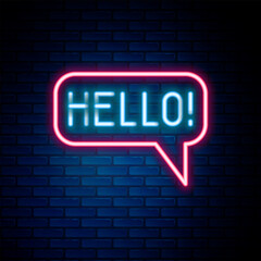 Fototapete - Glowing neon line Hello in different languages icon isolated on brick wall background. Speech bubbles. Colorful outline concept. Vector