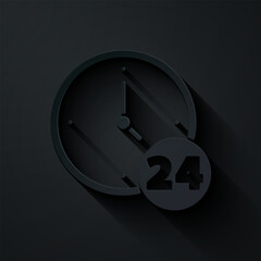 Poster - Paper cut Clock 24 hours icon isolated on black background. All day cyclic icon. 24 hours service symbol. Paper art style. Vector