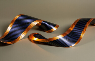 Poster - two elegant, dark blue ribbons with copper accents elegantly swirl on a muted background. the ribbon