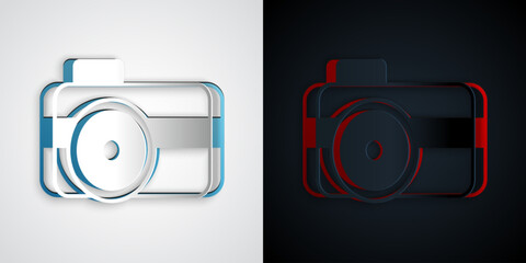 Poster - Paper cut Photo camera for diver icon isolated on grey and black background. Foto camera icon. Diving underwater equipment. Paper art style. Vector