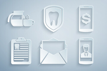 Poster - Set Mail and e-mail, Smartphone with dollar, Clipboard dental card, contact, Dental protection and Coffee pot cup icon. Vector