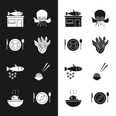 Poster - Set Seaweed, Served crab on plate, Seafood store, Octopus, Fish with caviar, Sushi, fish and Puffer soup icon. Vector