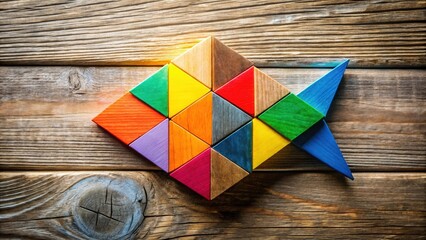 Poster - Colorful Wooden Triangle Puzzle in the Shape of a Fish on a Weathered Wooden Background