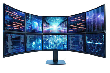 Poster - A large supercomputer with AI algorithms being processed on multiple screens. isolated on white background