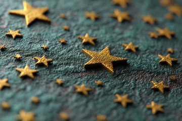 Poster - Close-up of gold stars on teal textured background, creating a celestial feel, showcasing a festive or magical concept, perfect for holiday or celebration designs