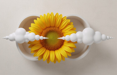 Aufkleber - A vibrant sunflower blossoms between two symmetrical white cloud-like forms nestled within interconnected rings on a beige background.  A sense of balance and serenity is evoked.