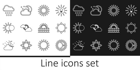 Poster - set line eclipse of the sun, sun, and cloud weather, cloud with rain, sunset and moon stars icon. ve