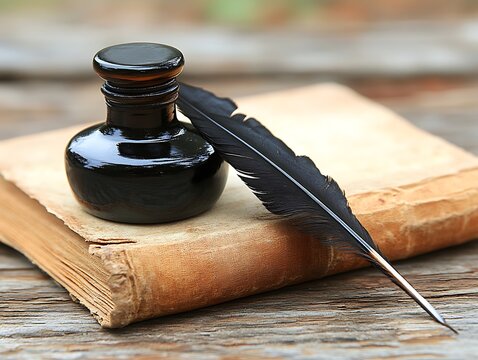 Antique book, inkwell, quill pen