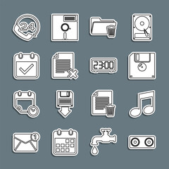 Poster - Set line Stereo speaker, Music note, tone, Floppy disk, Delete folder, file document, Calendar with check mark, Telephone 24 hours support and Digital alarm clock icon. Vector