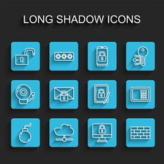 Poster - set line bomb ready to explode, network cloud connection, open padlock, lock computer monitor, firew