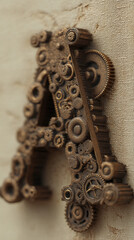 Poster - Close-up of bronze gear letter A, intricate design, steampunk style,  representing mechanics, craftsmanship, and innovation