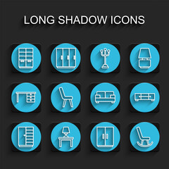 Poster - Set line Wardrobe, Table lamp on table, Armchair, Chest of drawers and Sofa icon. Vector