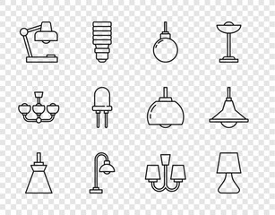 Poster - Set line Lamp hanging, Table lamp, Floor, Light emitting diode, Chandelier and icon. Vector