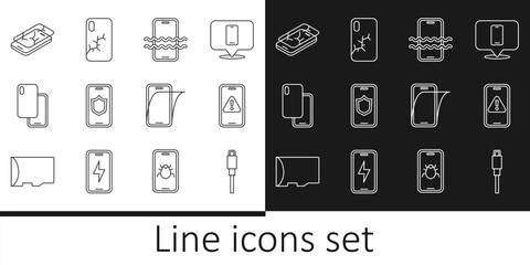 Poster - Set line USB cable cord, Mobile with exclamation mark, Waterproof phone, shield, Smartphone, broken screen, Glass protector and icon. Vector