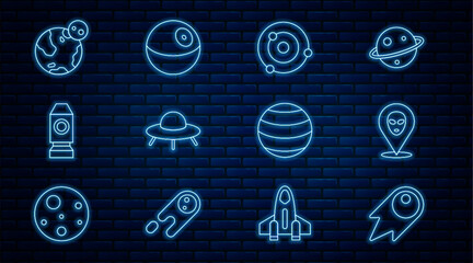 Poster - Set line Comet falling down fast, Alien, Solar system, UFO flying spaceship, Rocket, Earth globe, Planet and icon. Vector