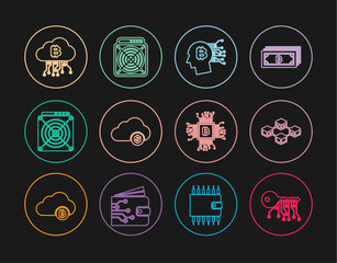 Poster - Set line Cryptocurrency key, Blockchain technology, Bitcoin think, cloud mining, ASIC Miner, CPU farm and icon. Vector