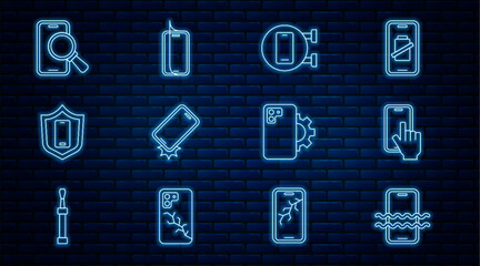 Poster - Set line Waterproof phone, Phone repair service, Shockproof, Mobile with shield, and Glass screen protector icon. Vector