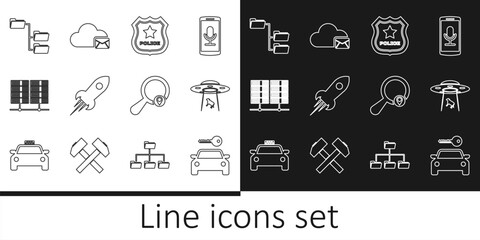 Poster - Set line Car rental, UFO abducts cow, Police badge, Rocket ship with fire, Server, Data, Web Hosting, Folder tree, Search location and Cloud mail server icon. Vector