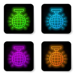 Poster - Glowing neon line Disco ball icon isolated on white background. Black square button. Vector