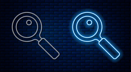 Poster - Glowing neon line Magnifying glass icon isolated on brick wall background. Search, focus, zoom, business symbol. Vector